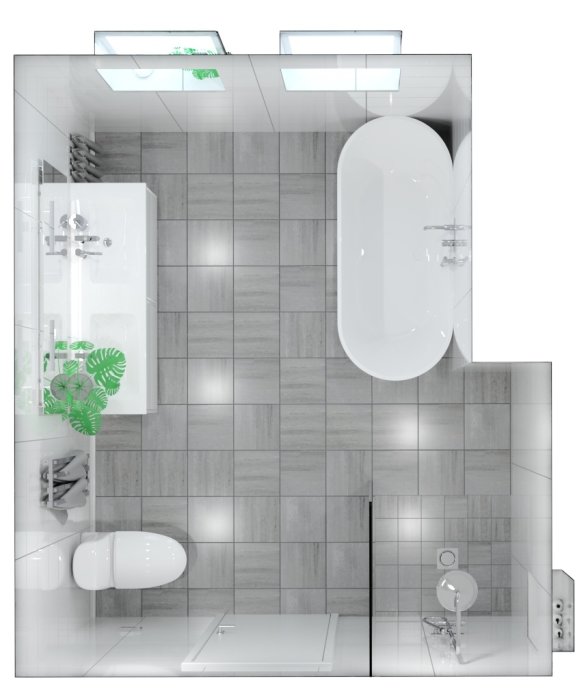 Översiktsbild av ett modernt badrum med grå plattor, vit badkar nära fönstret, handfat, duschkabin och toalett.