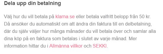 Skärmdump av en betalningsalternativsektion med information om delbetalning via Klarna.