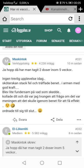 Skärmdump av en diskussionstråd på Byggahus.se med en användares inlägg om vaccinationsupplevelse.