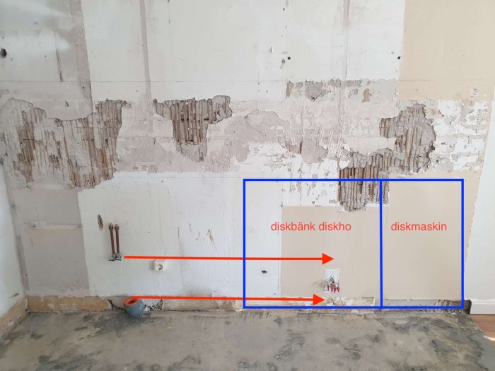 Köksvägg under renovering med markerade områden för diskbänk, diskho och diskmaskin samt framdragen rörledning.