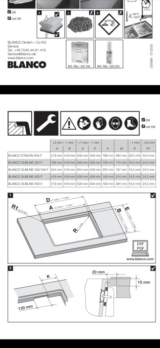 Instruktionsmanual för montering av BLANCO diskho med mått och underhållstips.