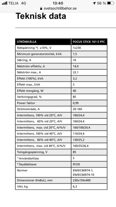 Skärmdump av tekniska data för Focus Stick 161 E PFC svetsmaskin med specifikationer för ström och säkring.