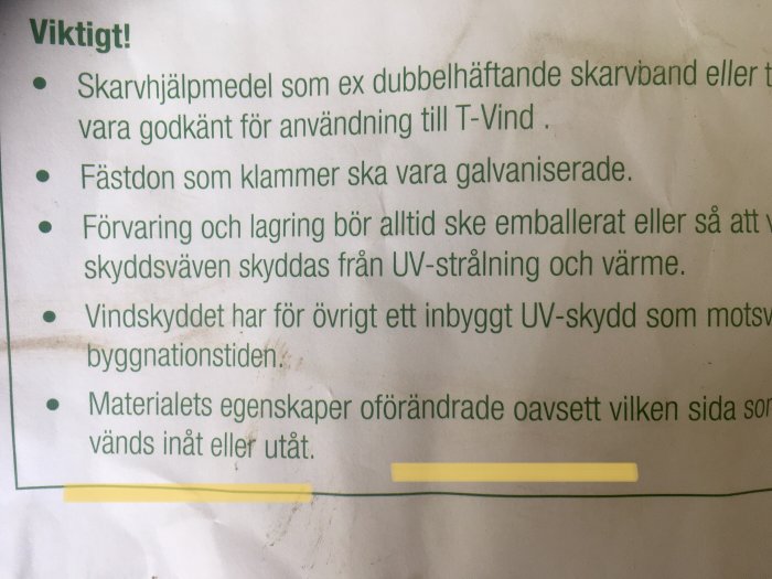 Produktinformation för T-vind med instruktioner om användning och lagring, några textdelar är markerade.