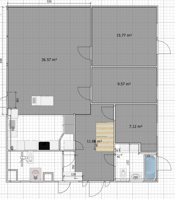 Planlösningsskiss av en bostad som visar rummets dimensioner och inredningslayout för golvplanering.