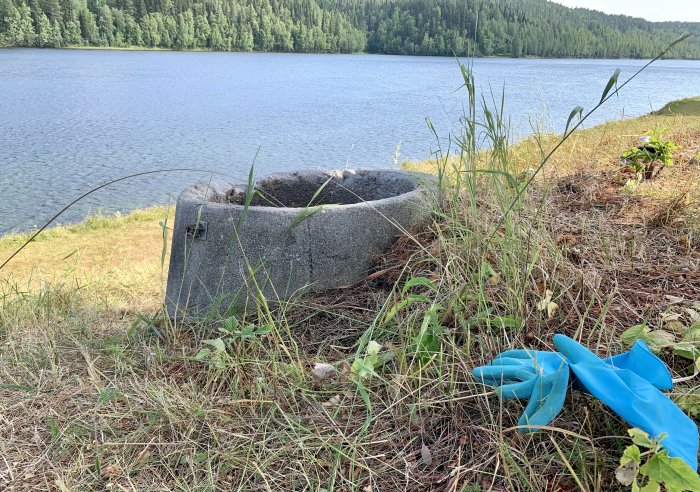 En gammal betongbrunn vid sjökanten med blå gummihandskar i gräset.