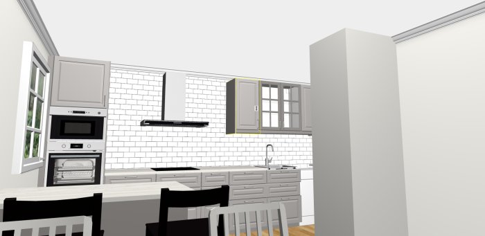 3D-rendering av ett IKEA Bodbyn kök med vita skåp, utan väggskåp vid fläkten.