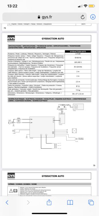 Elektriskt schema och teknisk specifikation från en handbok för GYSDUCTION AUTO på en mobil enhet.