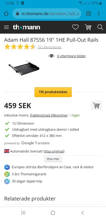 Skärmklipp av en produktinformation för Adam Hall 19" 1HE Pull-Out Rails från Thomanns webshop.