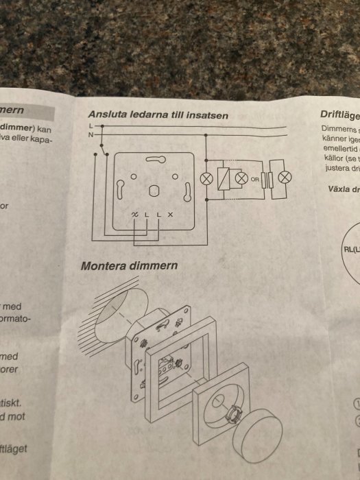 Installationsanvisning för en dimmer med schemas ritningar över hur ledarna ska anslutas och illustrationer av monteringsstegen.