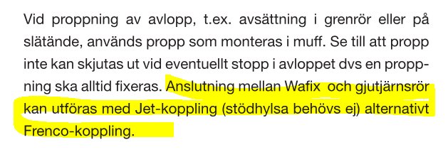 Skärmdump av monteringsinstruktioner med markerad text om anslutning mellan Wafix och gjutjärnsrör med Jet-koppling.