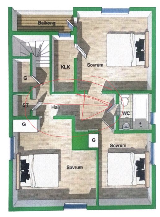 Planritning av ett hus med markerad vägg för potentiell dörröppning och pil som visar golvrörelseriktning.