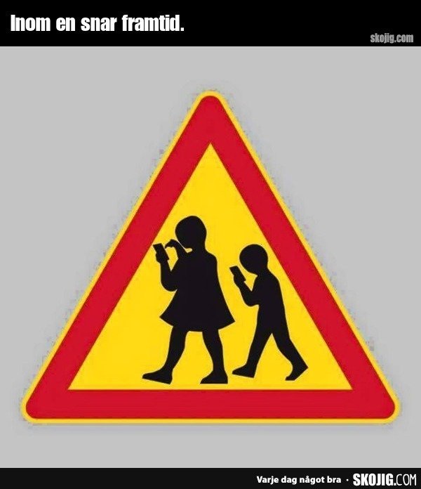 Trafikvarningsskylt med barn som använder smartphones.
