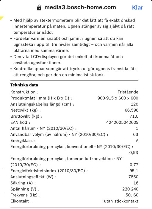 Skärmdump av tekniska specifikationer för en ugn, inklusive anslutningseffekt på 7850 W.