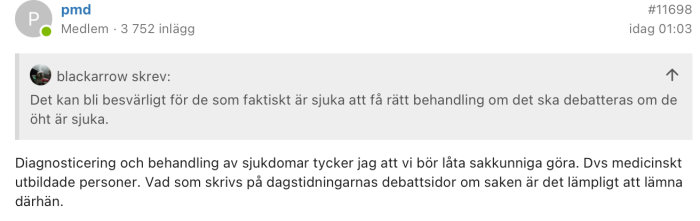 Skärmdump av ett foruminlägg om diagnosticering och behandling av sjukdomar av medlemmen 'pmd'.