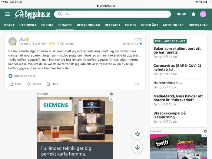 Skärmdump av en diskussionstråd på Byggahus.se med en Siemens kaffebryggare-annons.