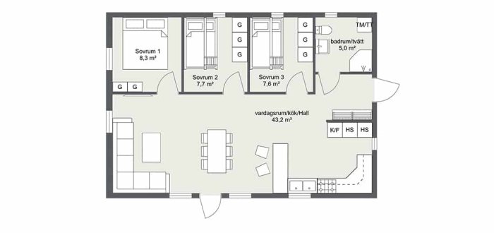 Ritning av en planlösning för ett 73 kvm stort Mellbyhus fritidshus med indikation av sovrum, kök och vardagsrum.