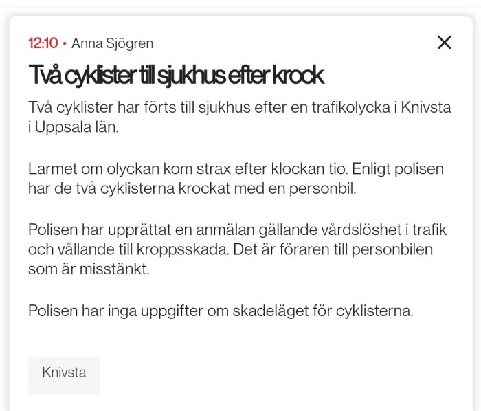 Skärmbild av en nyhetsartikel om en trafikolycka med två cyklister i Knivsta, publicerad av Aftonbladet.