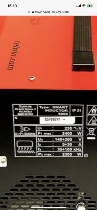 Märkskylt på Telwin Smart Inductor 5000 med tekniska specifikationer och företagslogotyp.