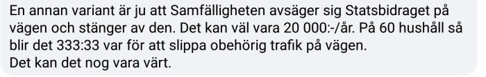 Textinlägg om samfällighet som överväger att avstå statsbidrag och stänga en väg.