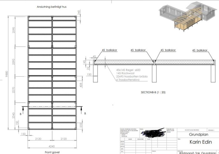 Konstruktionsritningar av grund och sektion för en utbyggnad med måttangivelser och materialdetaljer.