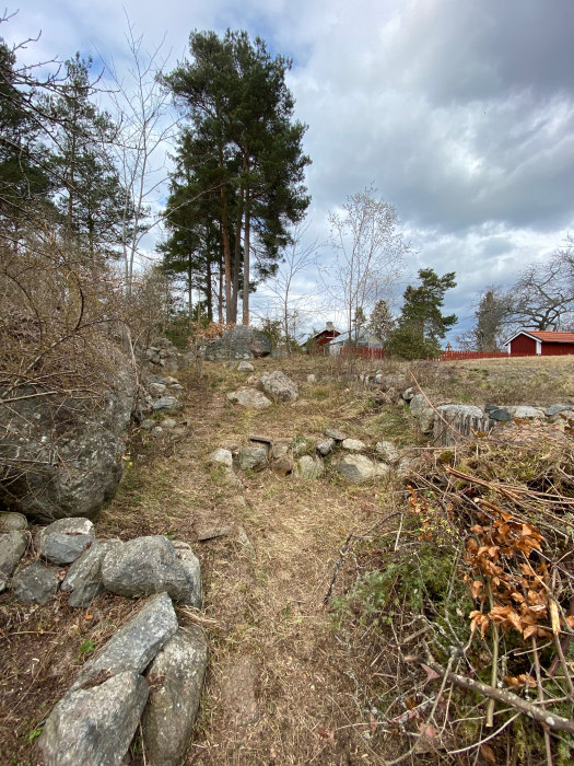 Stenig trädgårdstrappa i en naturtomt som leder till ett öppet område med träd och röda stugor i bakgrunden.