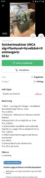 Grön trähyvelmaskin i verkstadsmiljö, nämnd som rikt/plan av bra kvalitet i försäljningsinlägg.
