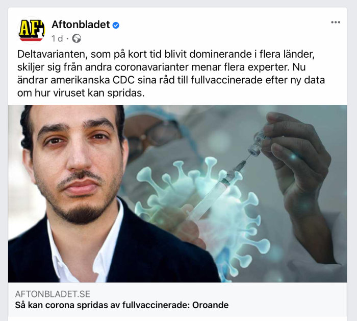 Man i förgrunden med allvarligt uttryck, grafisk bild av virus och någon som fyller en spruta i bakgrunden.