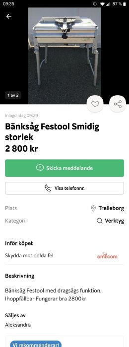 Festool bänksåg till salu, hopfällbar och portabel, visas på en asfalterad yta.