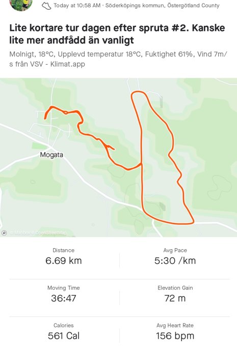 En översikt av en löprunda med angivna statistikdata såsom sträcka, tid, tempo, höjdförändring och puls.