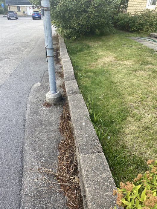 Sned stenmur längs med uppfart och gräsmatta vid ett bostadshus, med buskar på sidan.