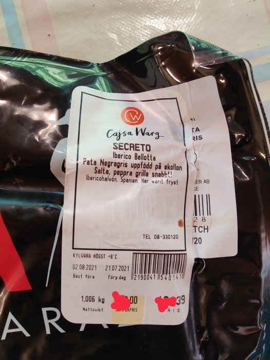 Förpackning av Iberico Secreto från Cajsa Warg med etikettinformation och pris.