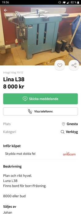 Blå stationär Luna L38 plan- och rikthyvel för träbearbetning i en verkstadsmiljö.