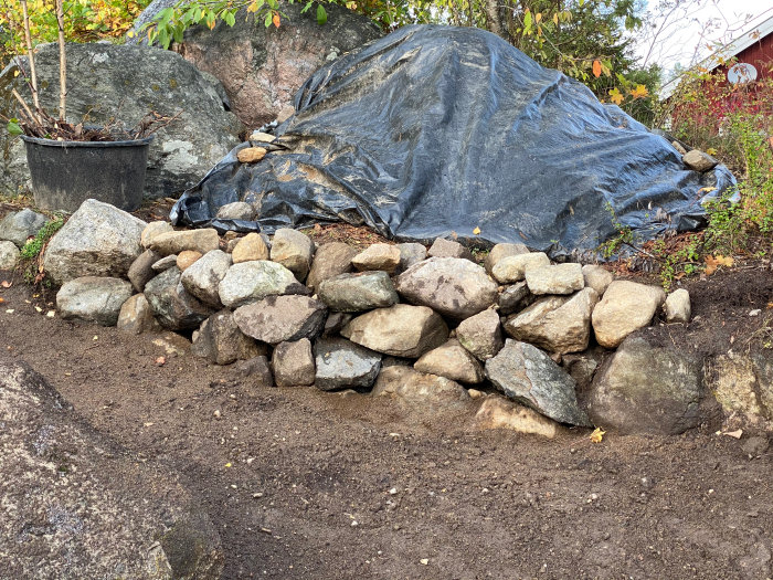 En uppbyggd stenmur framför en presenningstäckt hög, omgivet av jord och vegetation, indikerar förberedelse för plantering.