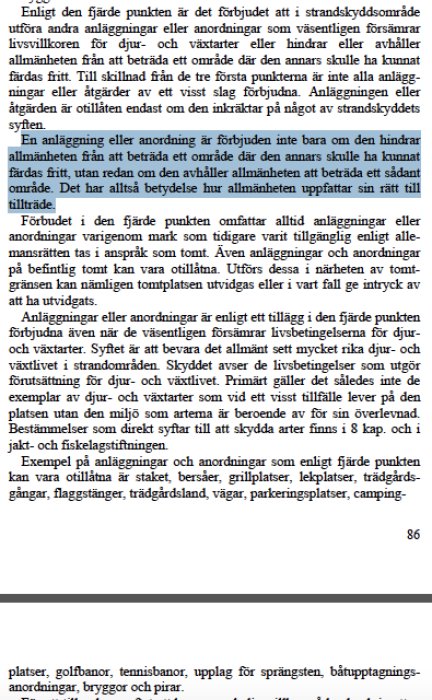 En textutdrag från Proposition 1997/98:45 visar information om strandskyddsområden enligt miljöbalken.