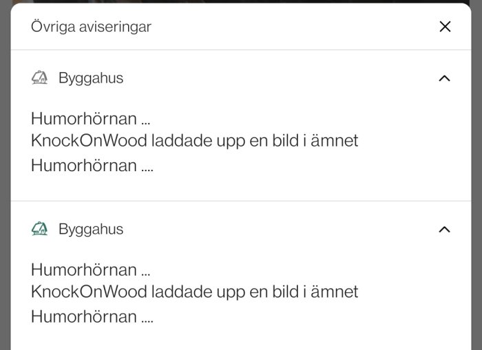 Skärmdump av notifikationer från Byggahus-appen om ny uppladdad bild i ämnet Humorhörnan.