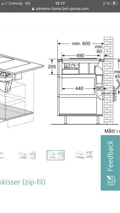 Installationsritning för inbyggd köksfläkt i spishäll med mått och ventilationsrör genom tegelvägg.