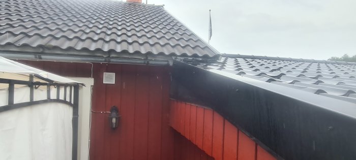 Takfoten där husets röda vägg och garagets svarta vägg möter med synlig regnränna och takpannor.