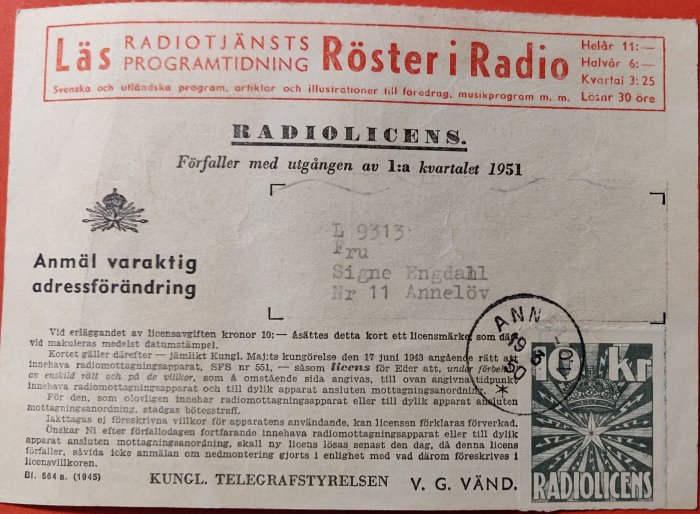 Gammal radiolicens från första kvartalet 1951 med namn och adress, stämpel och licensavgift.