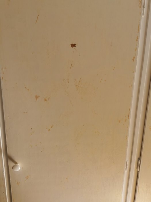 Sliten inbyggd garderobsdörr från 50-talet med repor och fläckar, redo för renovering och ommålning.