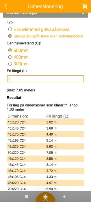 Skärmdump av dimensioneringsguide för byggprojekt som visar rekommenderade mått för olika träbjälkar baserat på längden.