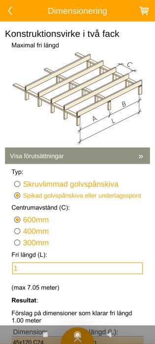 Illustration av konstruktionsträ med dimensioneringsanvisningar för olika balklängder.