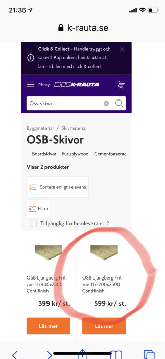 Skärmdump av K-Rauta webbsida som visar OSB-skivor med priser 399kr och 599kr markerade med röd cirkel.