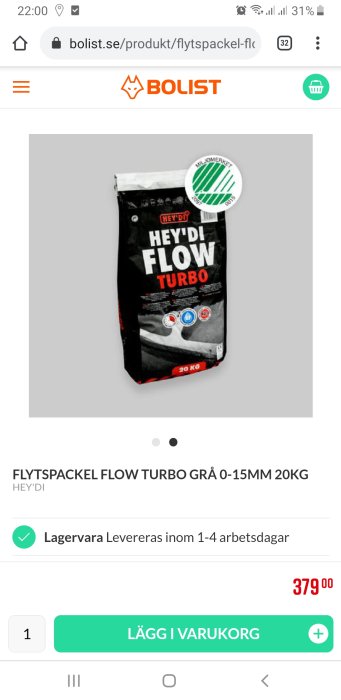 En säck Hey'di Flow Turbo flytspackel grå 0-15mm 20kg mot vit bakgrund.