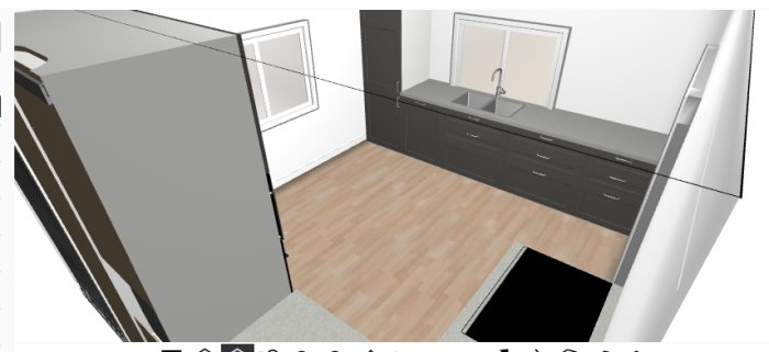 3D-visualisering av ett kök med mörka skåp, diskbänk framför fönster och trägolv.