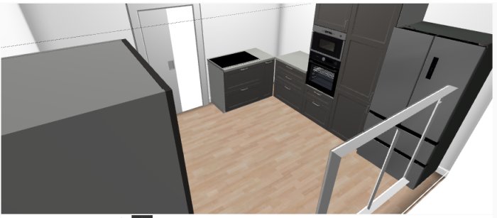 3D-modell av ett kök under planering med svarta skåp och inbyggd ugn, tom yta för diskussion om layout.