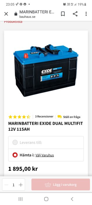 EXIDE Dual Marine Multifit 12V 115Ah marinbatteri från Bauhaus för 1895 kr, visas på produktwebbsida.