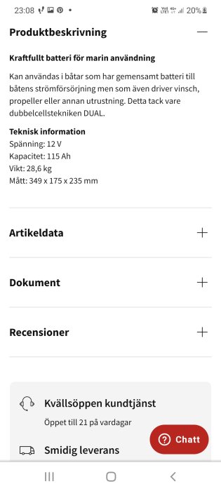 Skärmdump av produktsida för marinbatteri, teknisk information och kundservicealternativ.