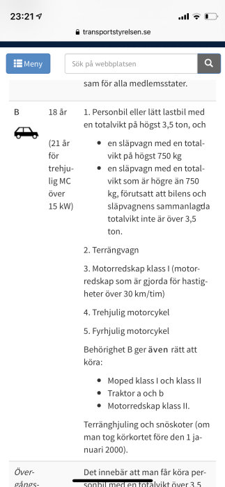 Skärmklipp från Transportstyrelsens webbplats som visar körkortsregler för B-behörighet.