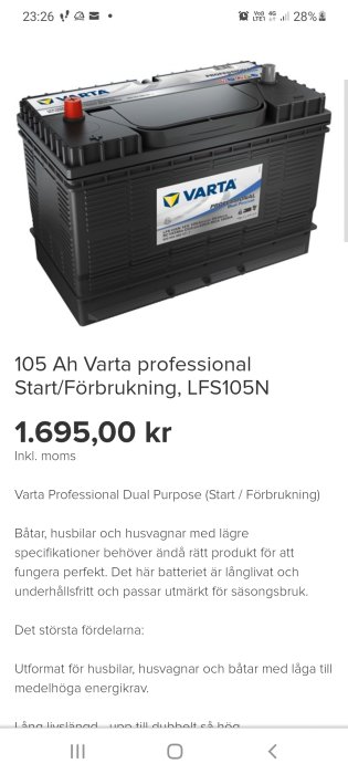 Varta Professional Dual Purpose 105 Ah batteri för start och förbrukning, modell LFS105N, prisvisning.