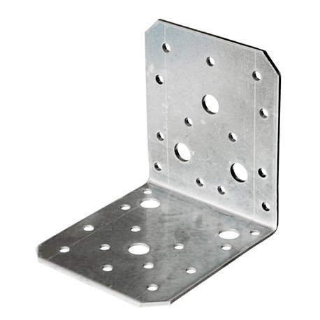 Vinkelbeslag i metall med flere hull for feste, finnes i ulike størrelser.